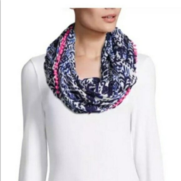 LILLY PULITZER Women’s Blue White Pink RILEY Infinity Scarf Tons Of Fun Pom Poms - Picture 1 of 4